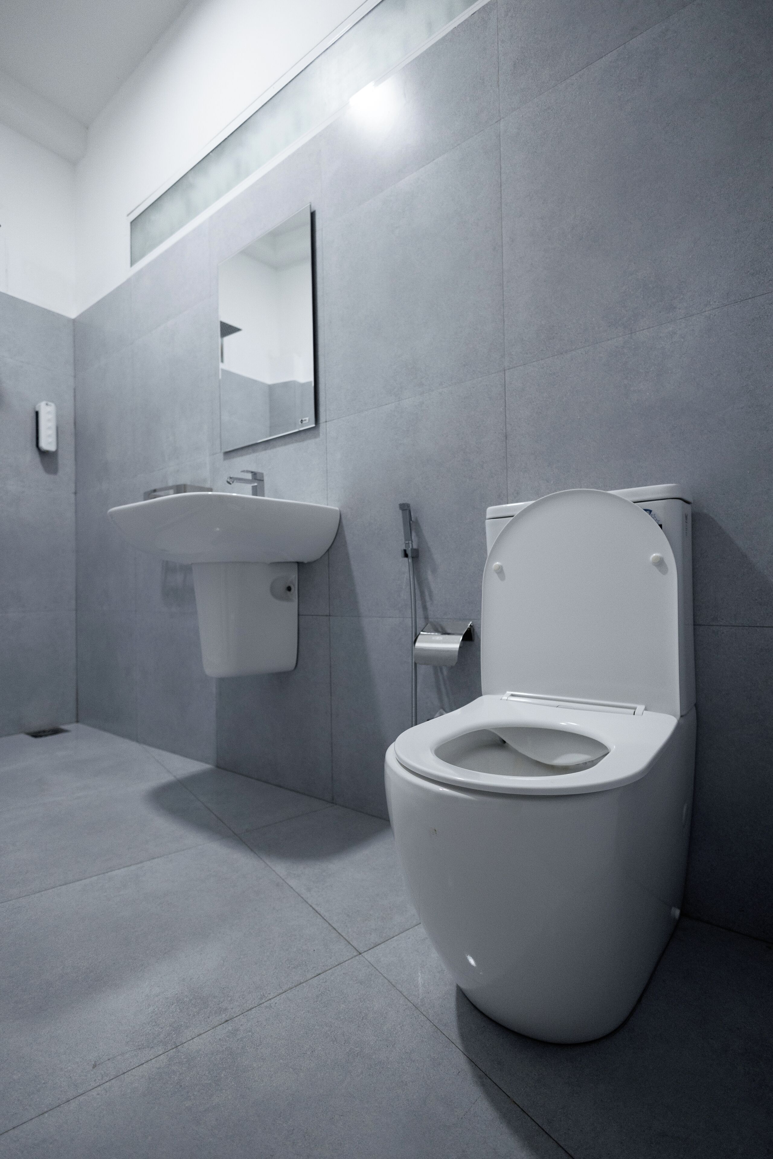 A modern bathroom with a toilet, sink, and mirror.
