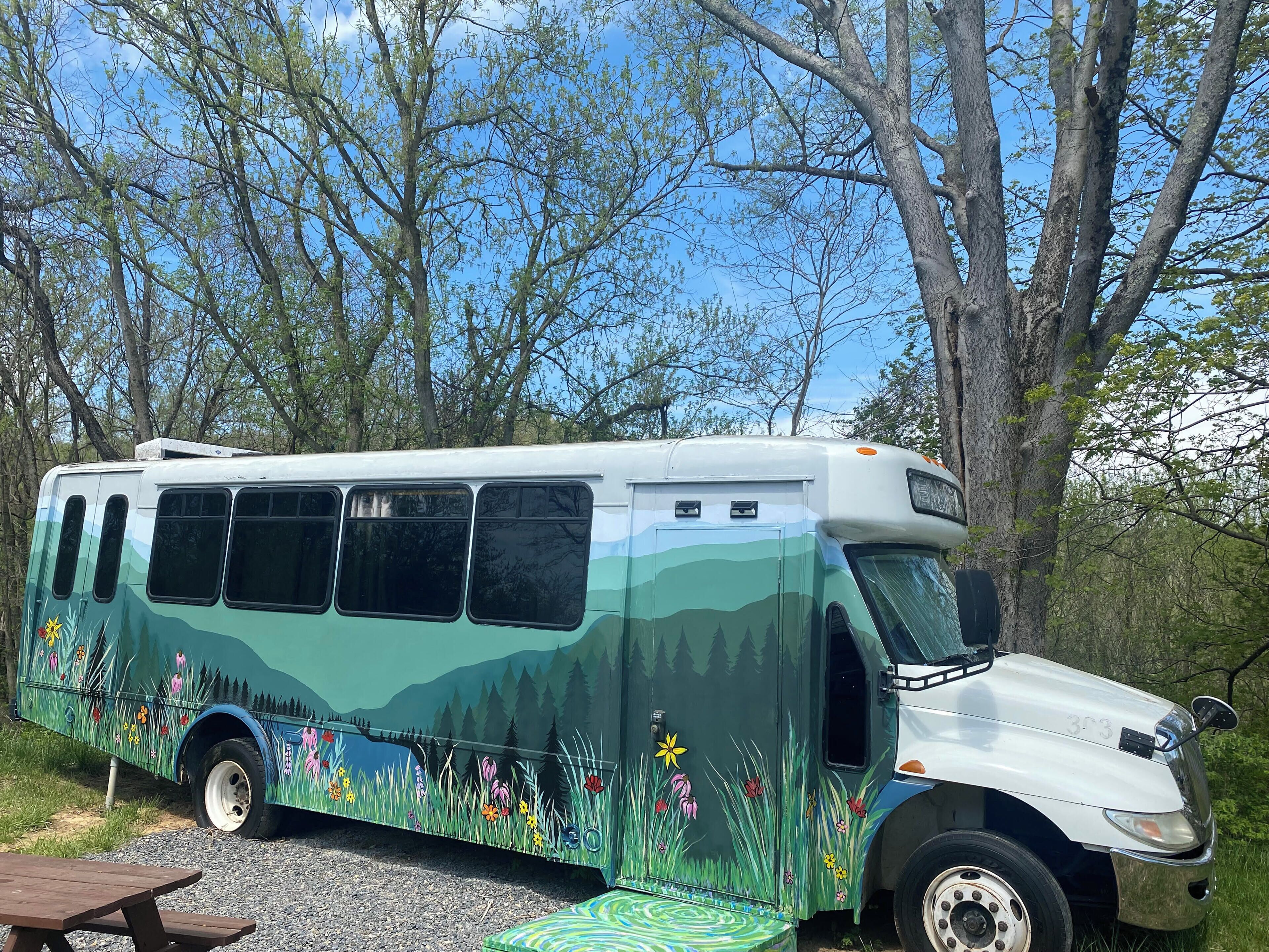 A bus with a green exterior and colorful floral designs parked in a wooded area.