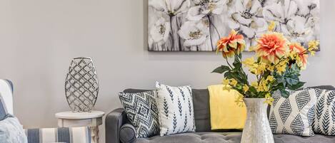 Smart TV, fireplace, books