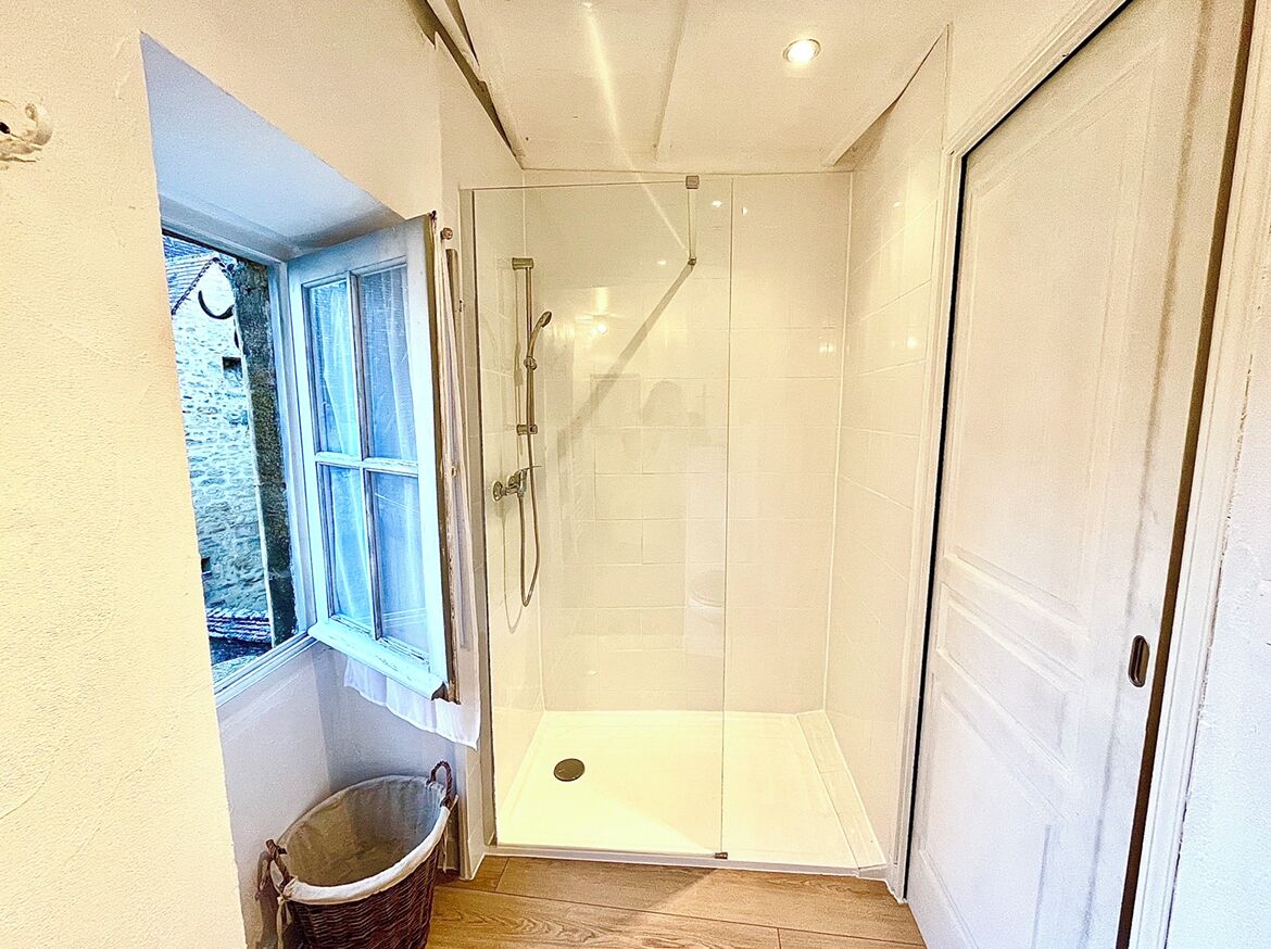 Shower, towels, soap, toilet paper