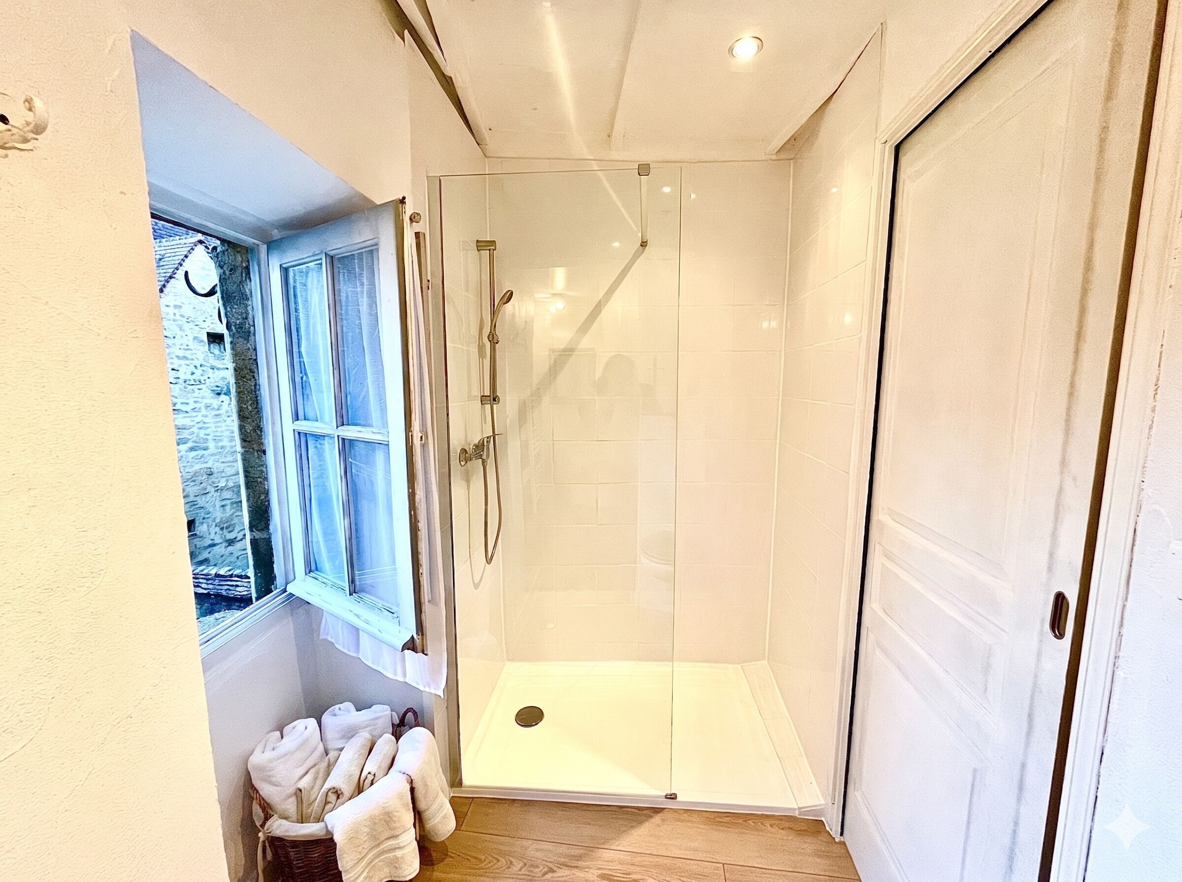 Shower, towels, soap, toilet paper