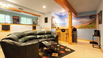 Eldstad, dvd-spelare, ett bordtennisbord och böcker