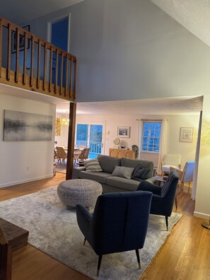 TV connectée, cheminée, livres