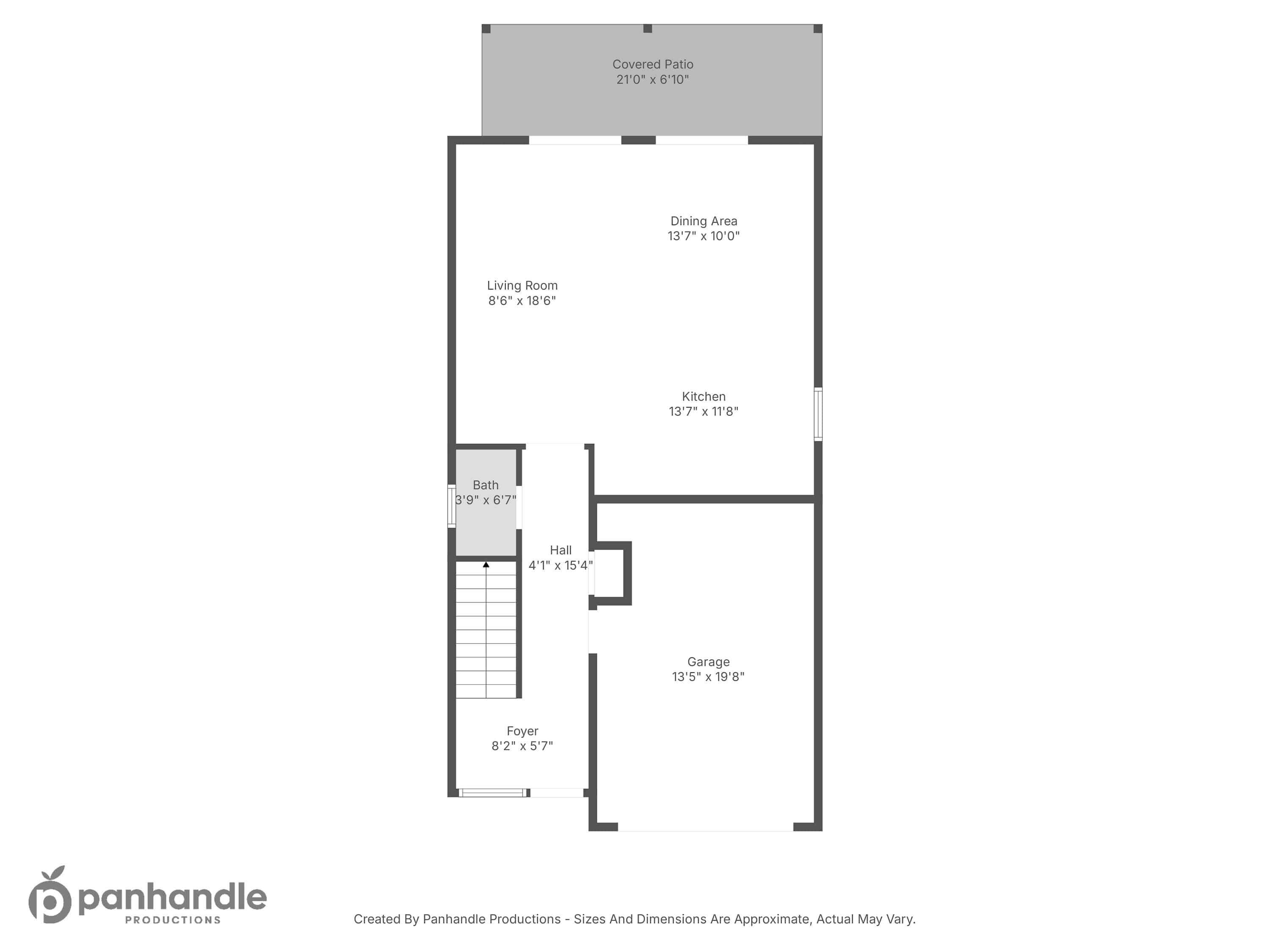 A floor plan of a house with a covered patio, dining area, living room, kitchen, bathroom, hall, garage, and foyer.