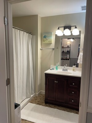 Shower, hair dryer, towels, soap