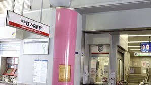 Un edificio público con un pilar rosa destacado, un letrero de NANKAI HAGOVAYA STEL y una zona de ascensores con señalización.