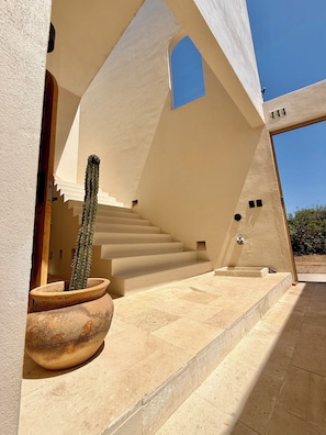 A modern building with a cactus in a pot, a staircase, and a clear blue sky.