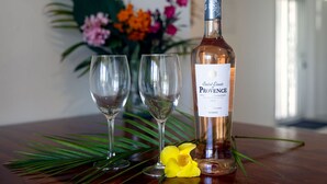 A bottle of Saint Louis de Provence wine, two empty wine glasses, and a yellow flower on a wooden table with a decorative plant in the background. - Divers Paradise 6, Divers paradise apartment with Ocean view!  (Kralendijk)