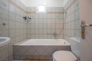 Secadora de cabello, toallas, jabón, papel de baño 