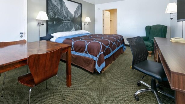 Une chambre d’hôtel avec un lit, un bureau, une chaise, une télévision et un tableau au mur.