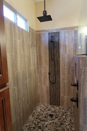 Shower, hair dryer, towels, soap