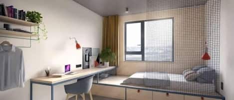 A modern bedroom with a desk, a bed with a net, a window, and a plant.