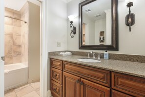 Shower, jetted tub, hair dryer, towels