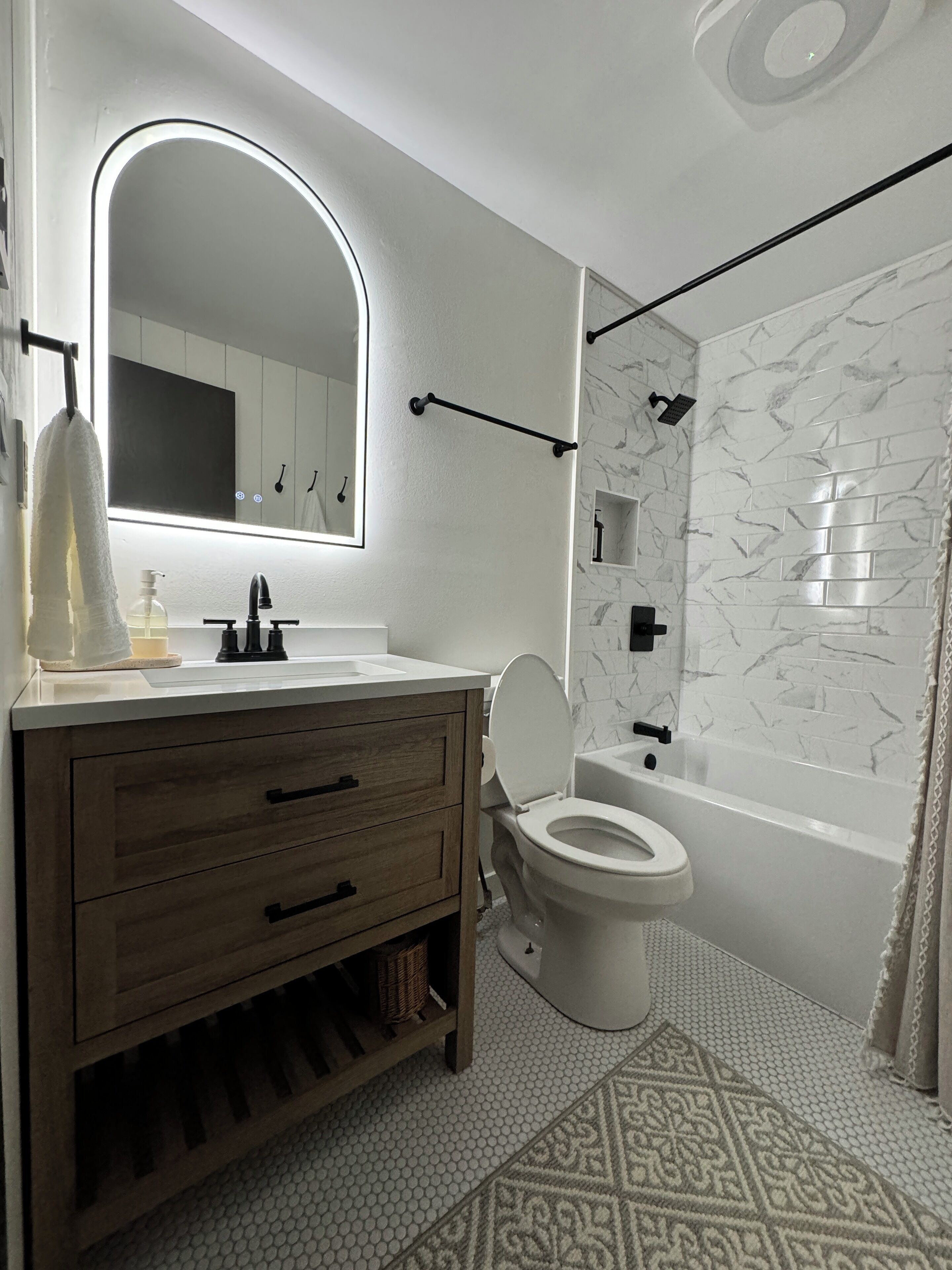 Hair dryer, towels, soap, toilet paper