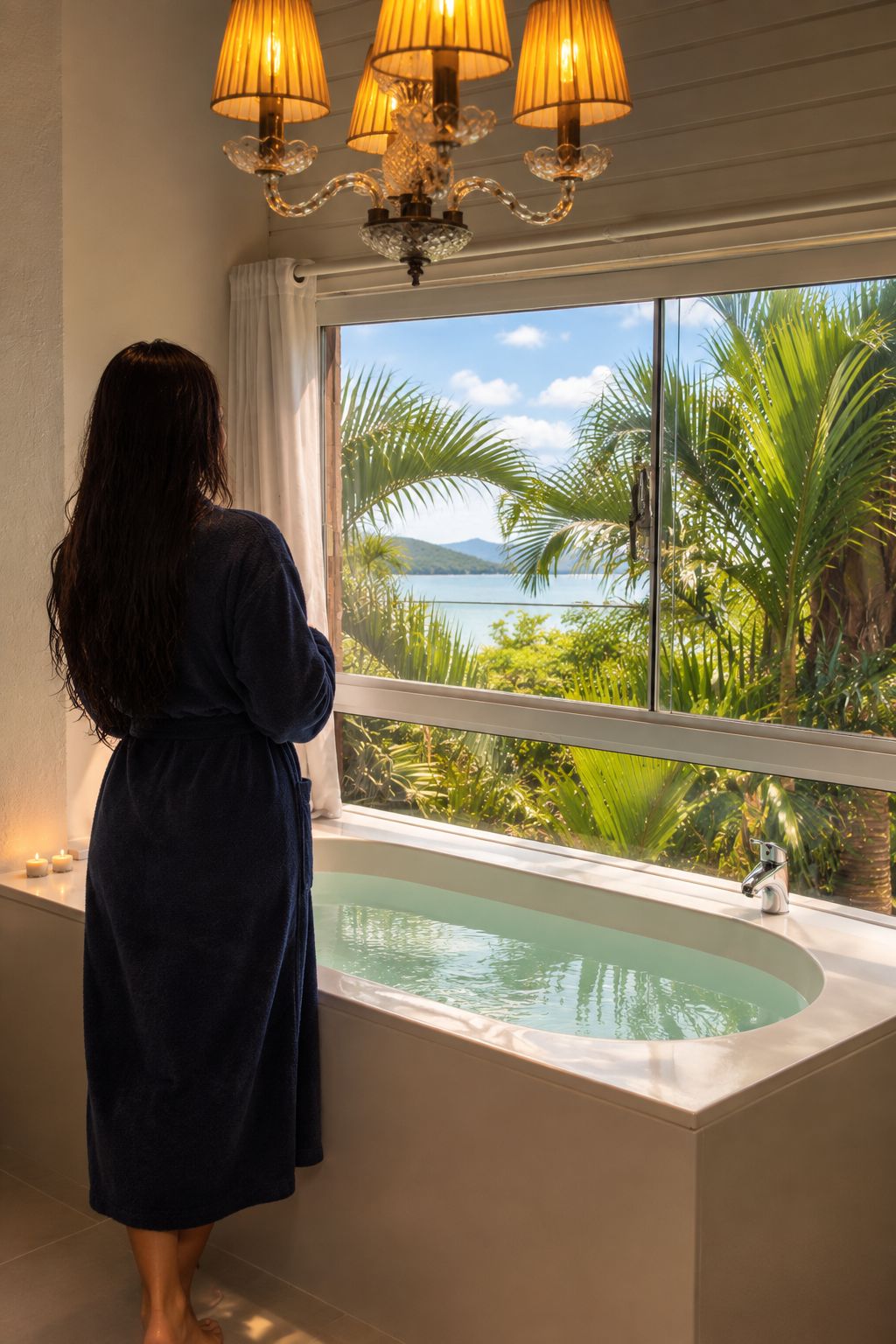 Una persona de pie junto a una bañera con vistas a un paisaje tropical.