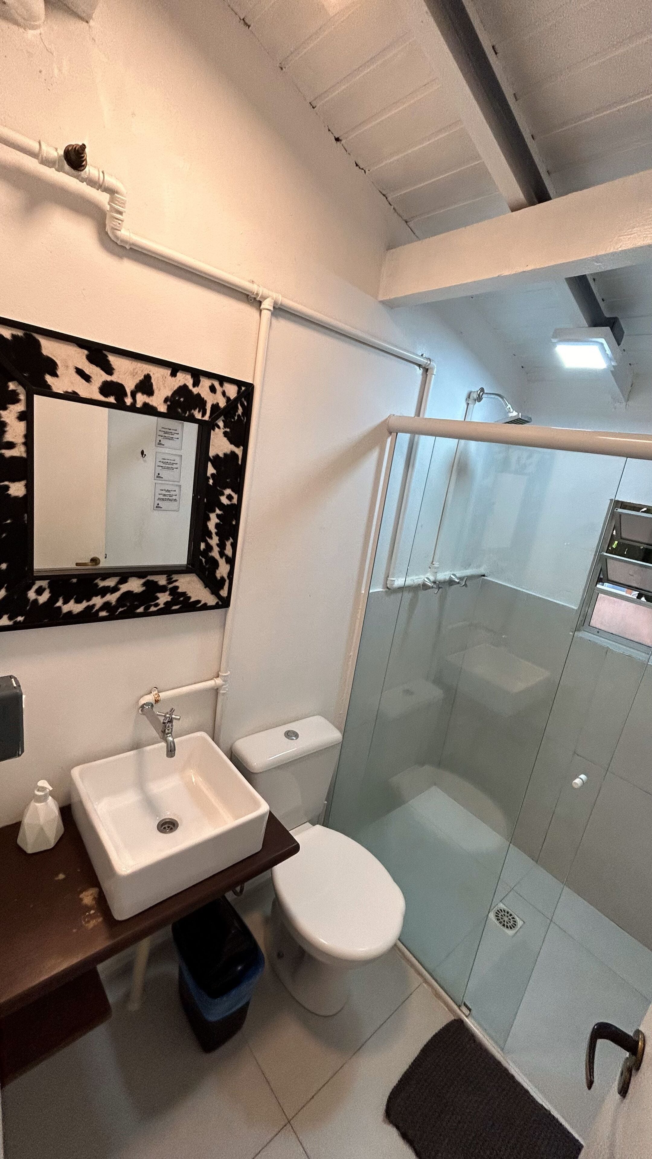 A bathroom with a glass-enclosed shower, a sink, and a toilet.