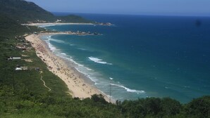 A coastal landscape with a beach, clear blue sea, and lush greenery.
