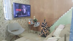 Un salon avec une télévision, une petite table sur laquelle est posée une plante, un sapin de Noël et un canapé.