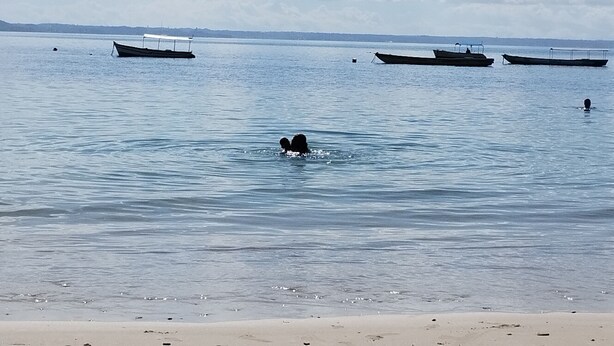 Une mer calme avec des bateaux et une personne qui nage.