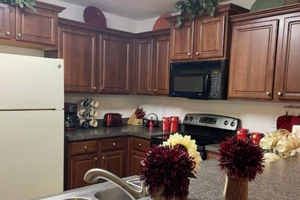 Coffee/tea maker, fridge, microwave, oven