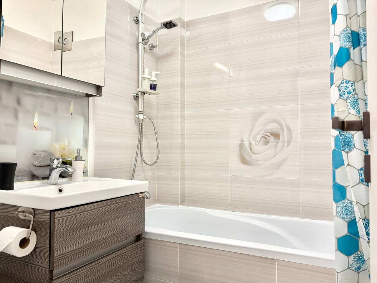 Hair dryer, towels, soap, shampoo
