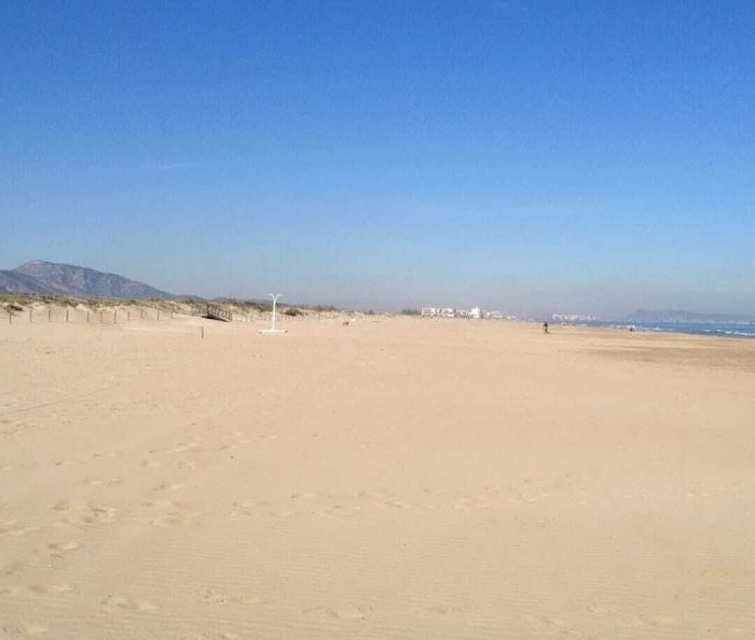 Une vaste plage de sable fin, un ciel dégagé et quelques personnes visibles au loin.