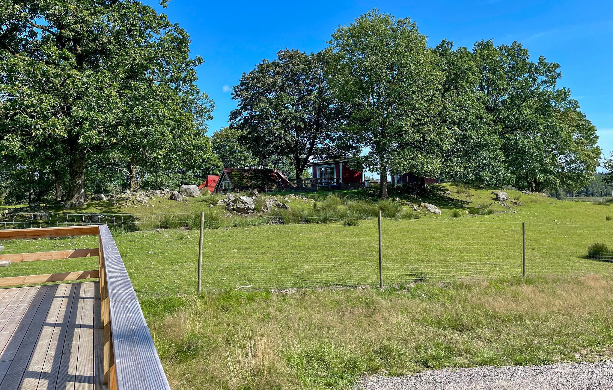 Une zone herbeuse avec une terrasse en bois et un petit bâtiment doté d’un toit rouge.