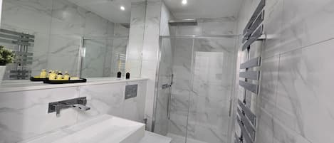 Shower, hair dryer, bidet, towels