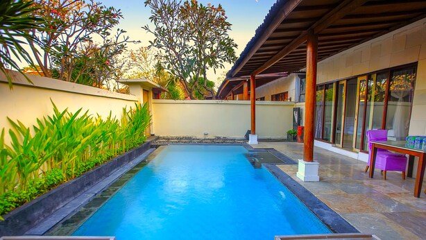 Una piscina con cubierta de madera, rodeada de plantas y un área de patio techada.