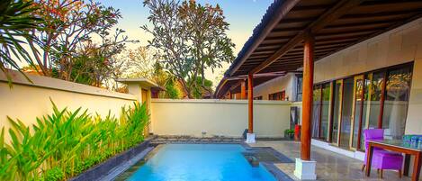 Outdoor pool, pool umbrellas, pool loungers