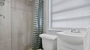 Hair dryer, towels, soap, toilet paper