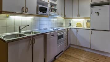 Fridge, microwave, dishwasher, cookware/dishes/utensils