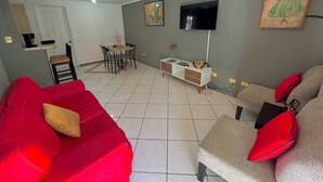 A living room with a red sofa, a grey sofa, a TV, and a painting on the wall.