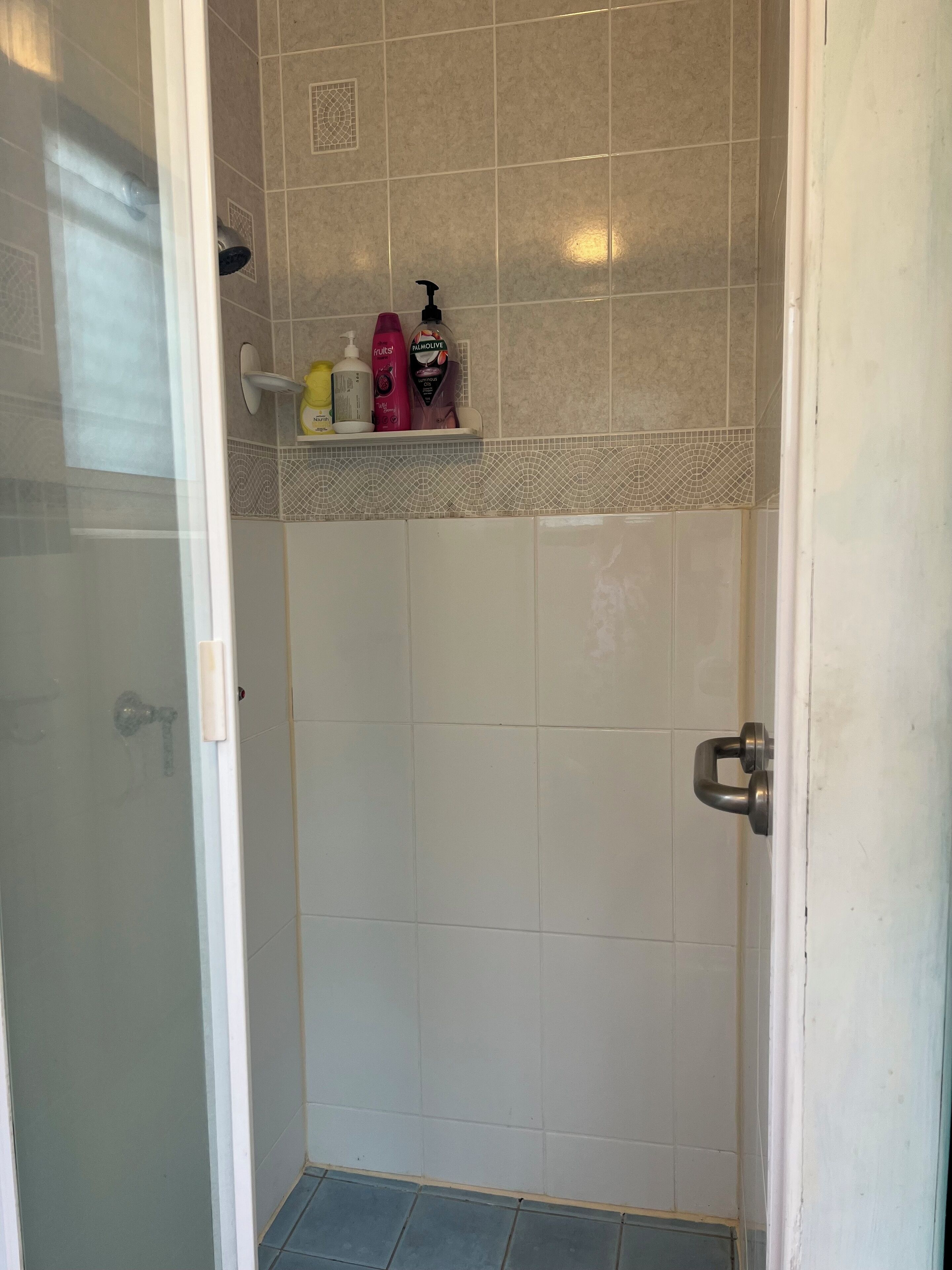 A shower area with a glass door, tiled walls, and a shelf with toiletries.