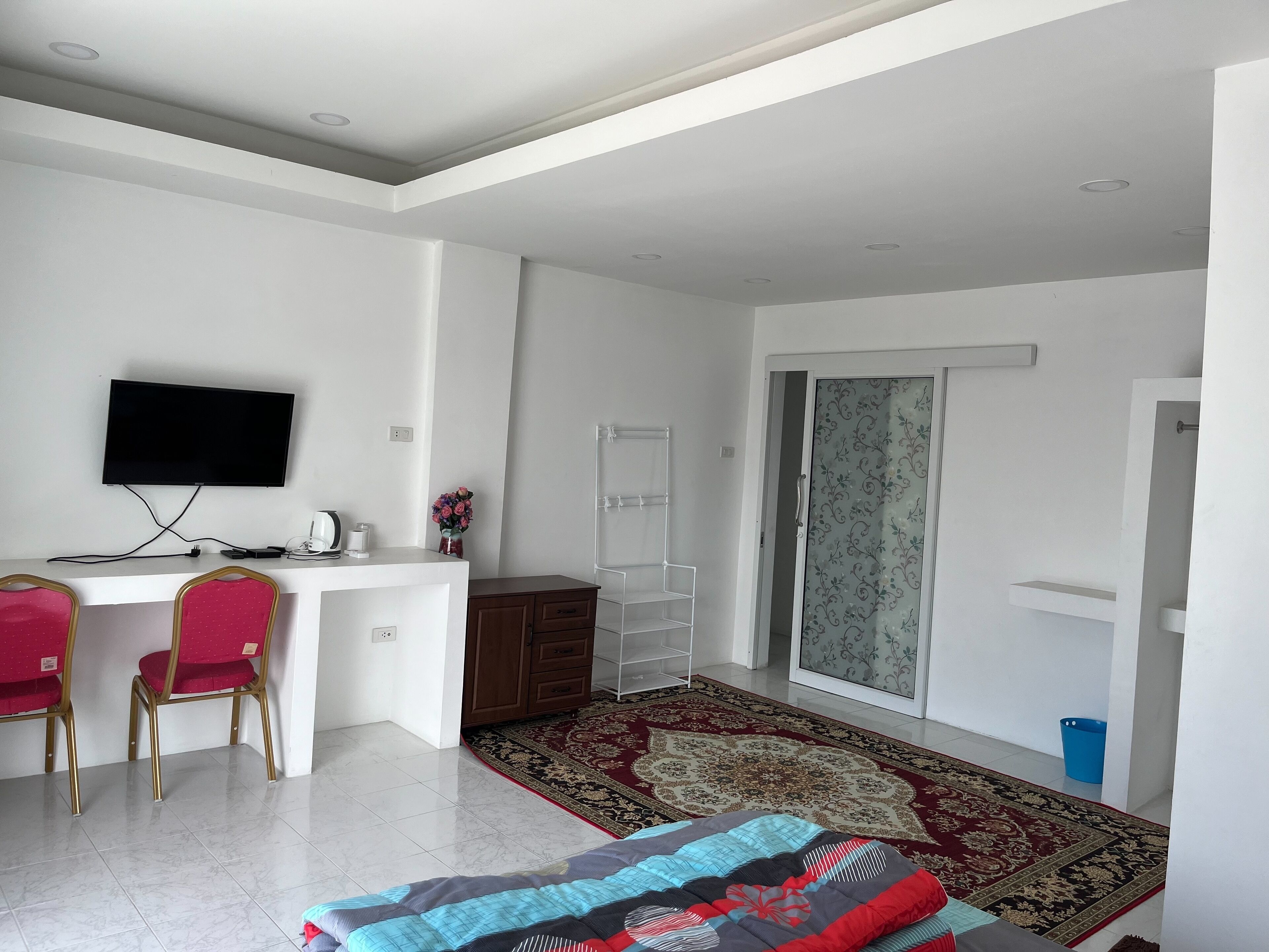A modern room with a desk, a TV, a chair, a wardrobe, a patterned rug, and a door with a glass panel.
