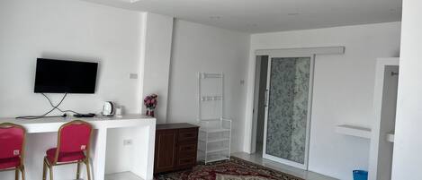 A modern room with a desk, a TV, a chair, a wardrobe, a patterned rug, and a door with a glass panel.