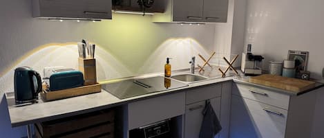 Kühlschrank, Mikrowelle, Herdplatte, Wasserkocher mit Kaffee-/Teezubehör