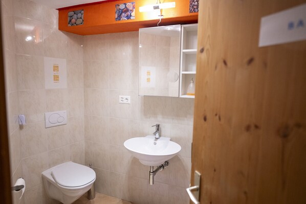 A small bathroom with a toilet, sink, and shower.