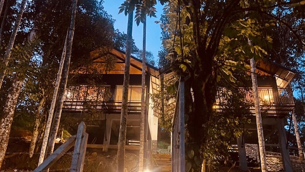 A wooden structure with multiple levels, surrounded by trees and a stone pathway. - SR Villa - Serenity Riverside (Vythiri)