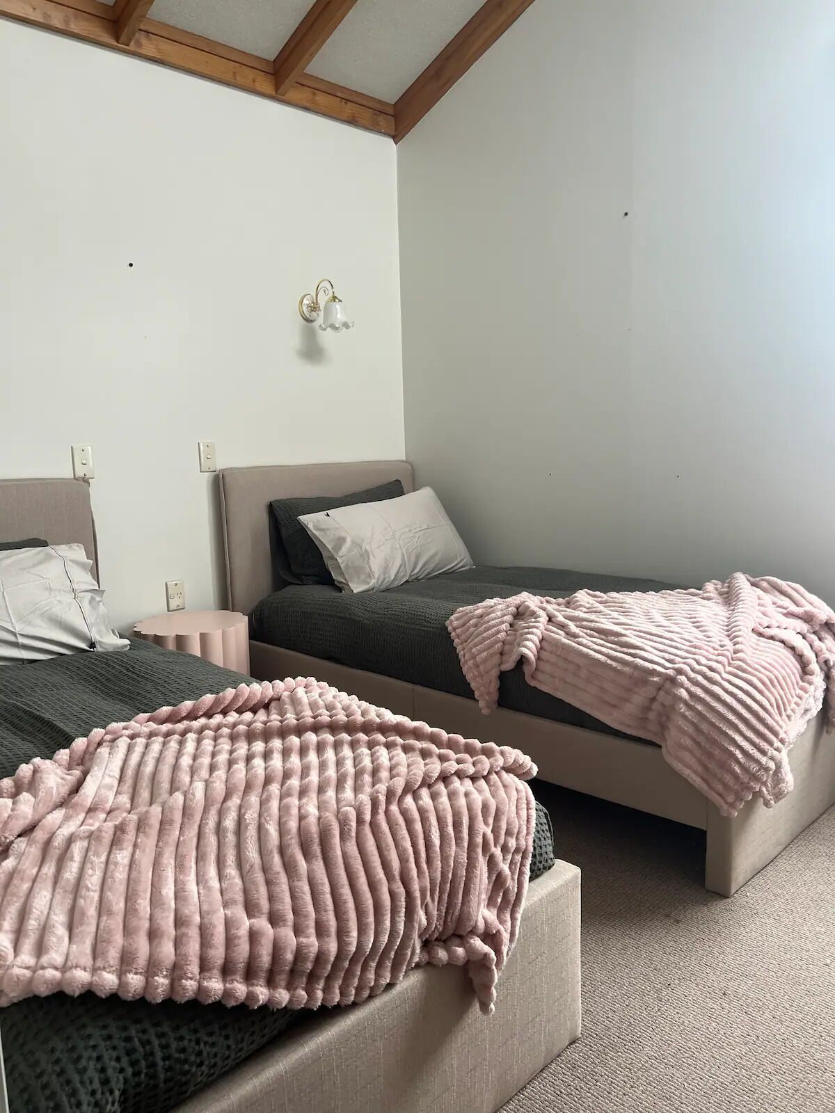 A bedroom with two beds, a nightstand, and a wall-mounted light fixture.