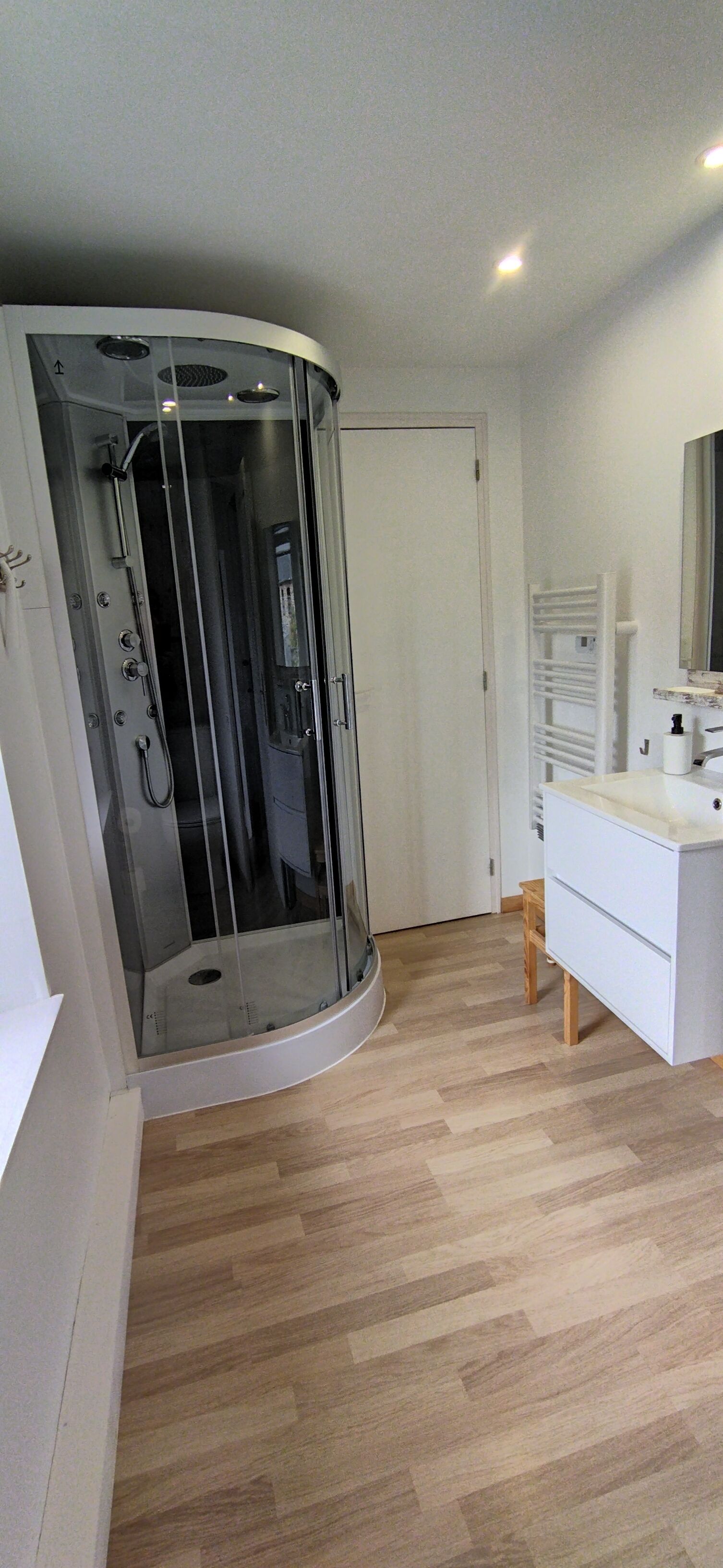 A modern bathroom with a glass-enclosed shower, a white vanity with a mirror, and a wooden floor.