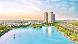 Ein Hochhaus mit Pool und Marina.