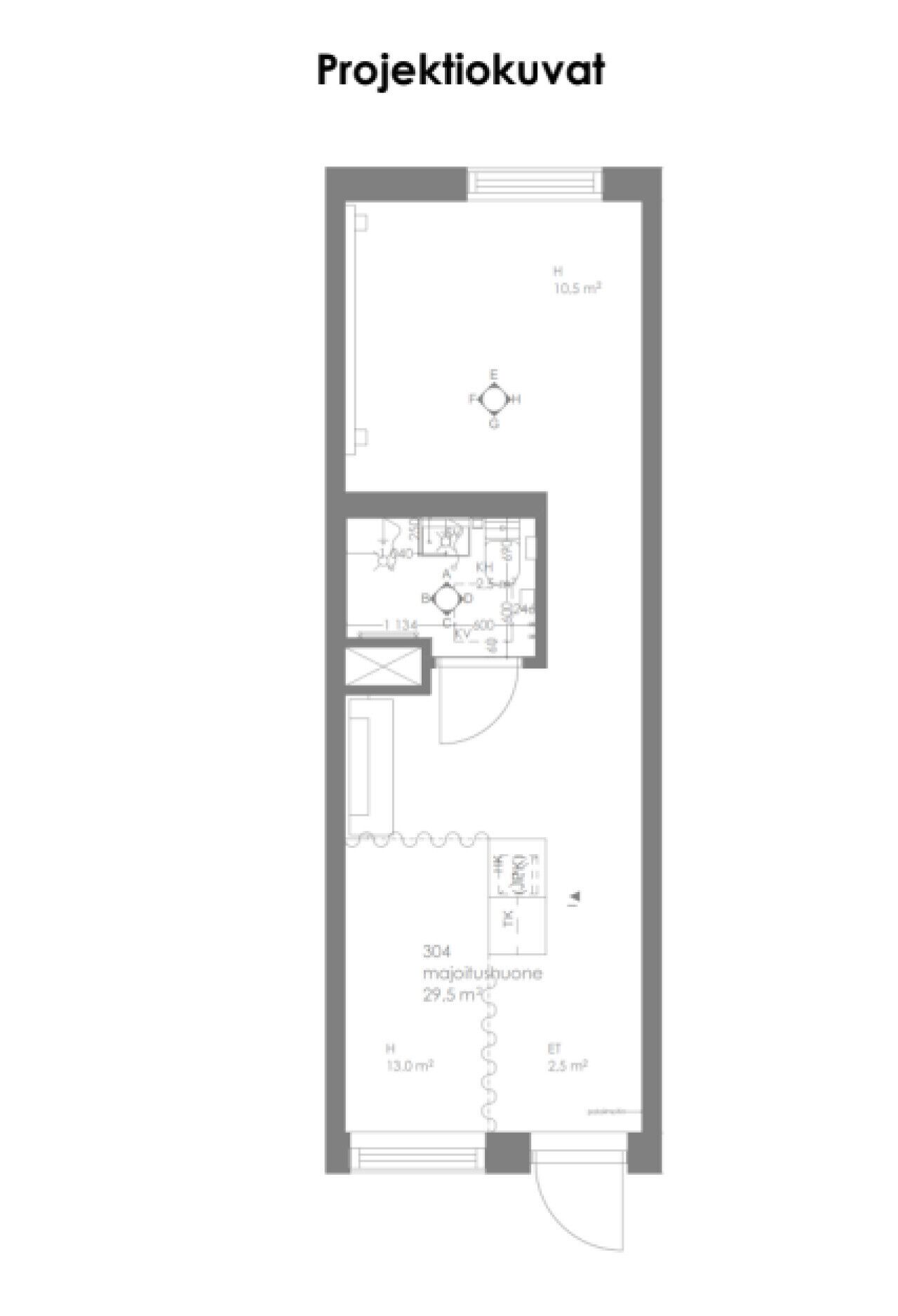 A floor plan of a hotel room with a kitchenette, a bathroom, and a living area.