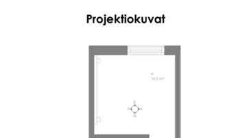 A floor plan of a hotel room with a kitchenette, a bathroom, and a living area.