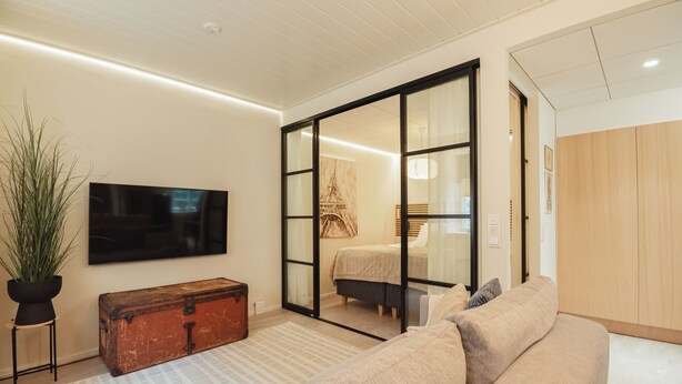 A modern living room with a sofa, a television, a sliding glass door leading to a bedroom, a wooden cabinet, and a potted plant.