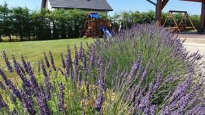 Ein Haus mit schrägem Dach, einer Spielanlage und einem Lavendelgarten.