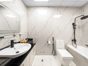 Hair dryer, towels, soap, toilet paper