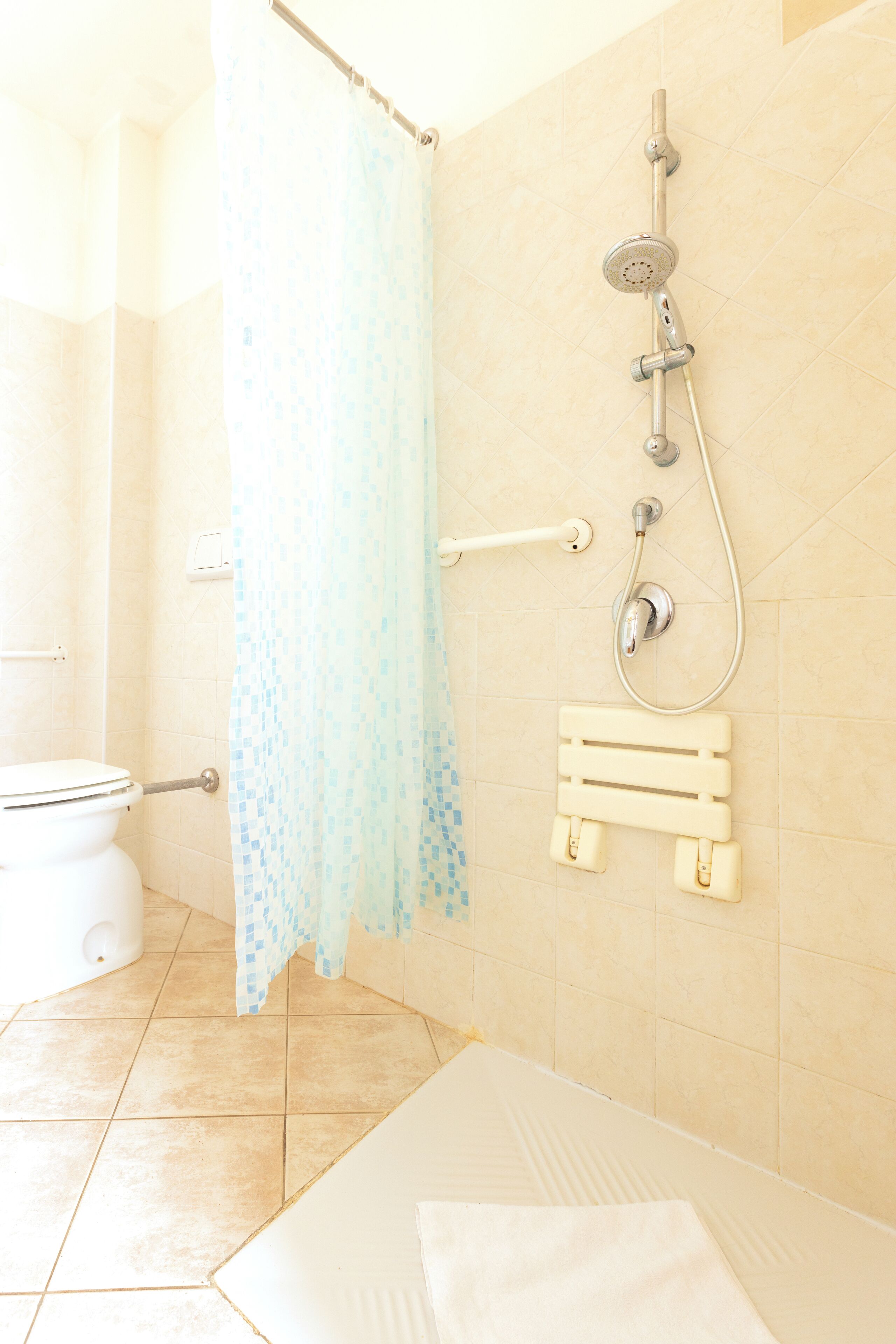 Une salle de bain avec une douche, des toilettes et un porte-serviettes.