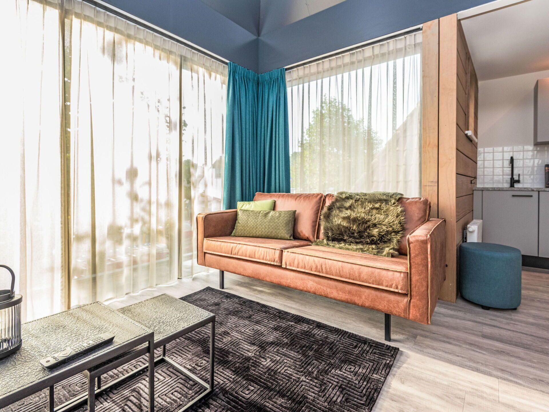 A modern living room with a brown leather sofa, a patterned rug, and a small table with a remote control.