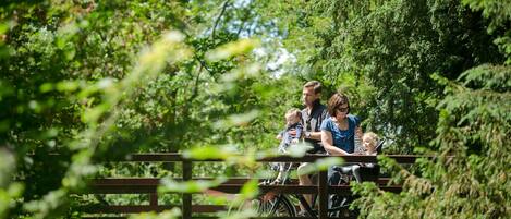 Une famille se trouve sur un pont en bois, entourée d’une végétation luxuriante.